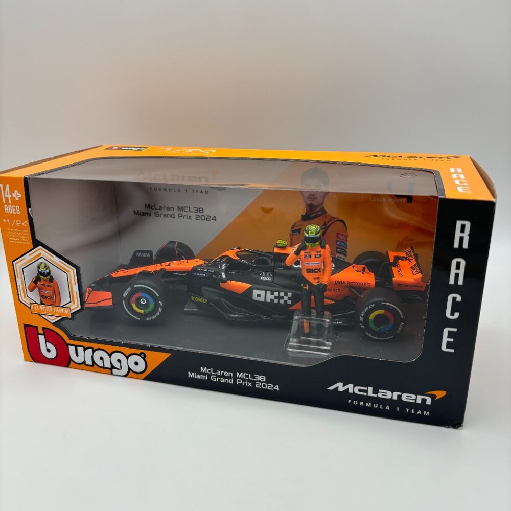 Bburago Formula 1 McLaren MCL38 F1 Miami Lando Norris 1/24 Diecast Car & Figure